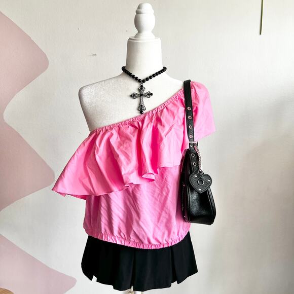 Pink One Shoulder Ruffle Top, Coquette, Y2K, Soft Girl,‎ Cottagecore, Medium - Picture 1 of 4